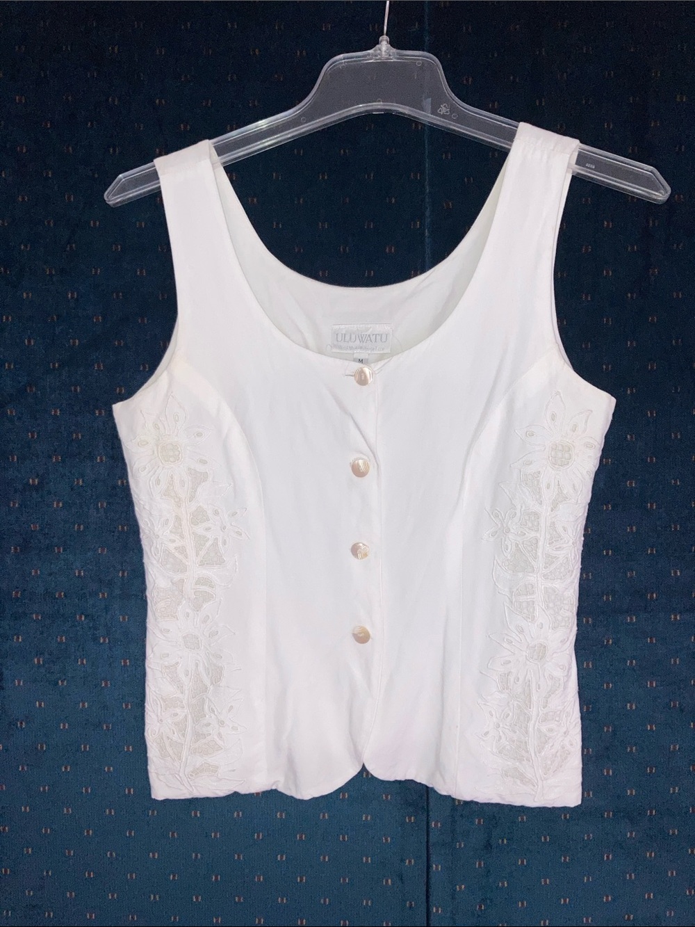 Vintage ULUWATU Hand Made Balinese Lace sleeveless button-front vest.